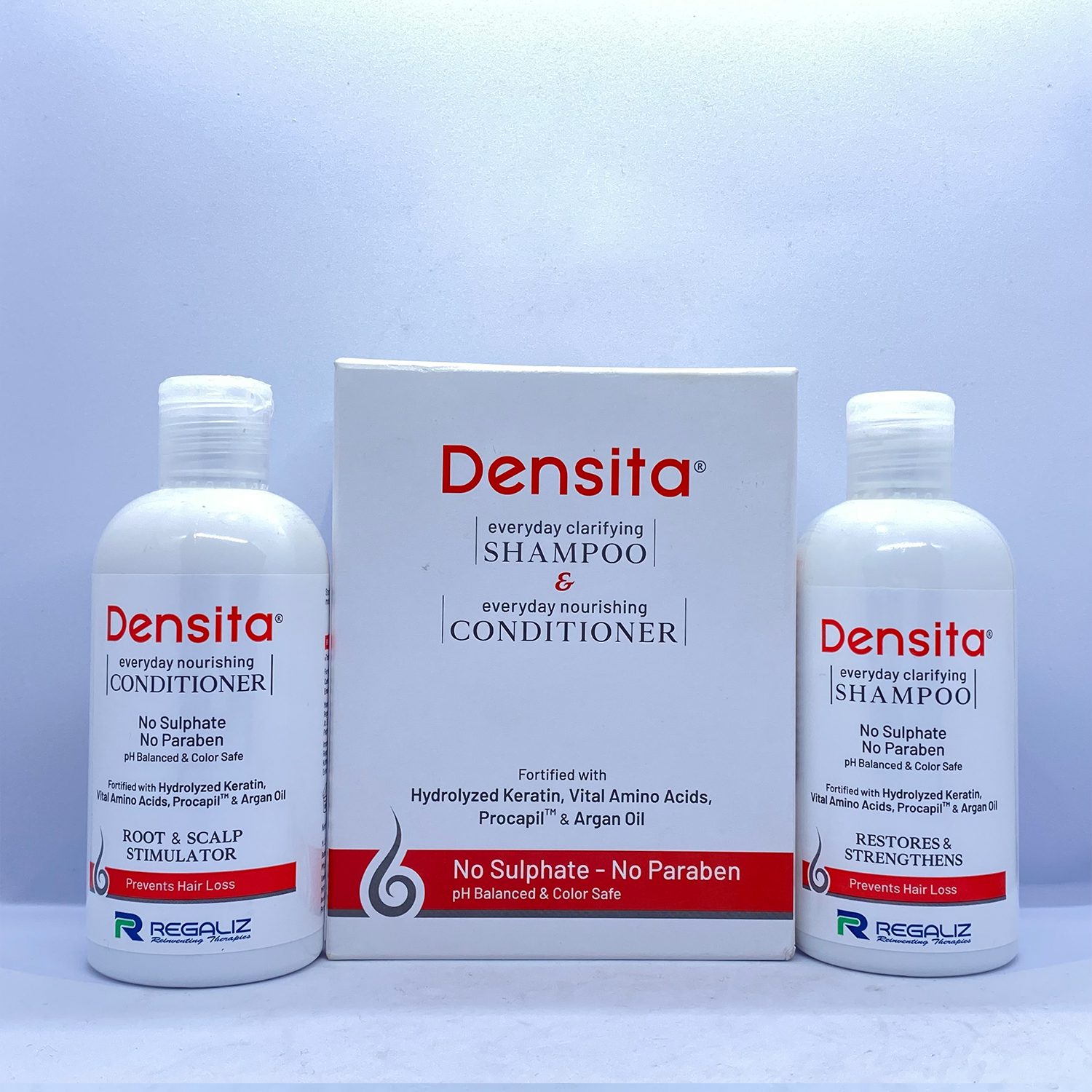 Regaliz Densita Shampoo and Conditioner 140ml bottles for hair repair and growth